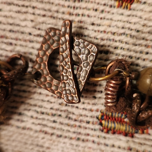 Boho fabric twisted chain and beaded bronze bracelet toggle hook - Picture 2 of 3